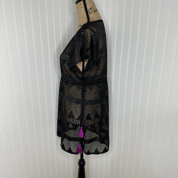 No Boundaries Black Mesh Swim Coverup Sz S Pullover Drawstring Tassel Beach NoBo - Picture 3 of 13